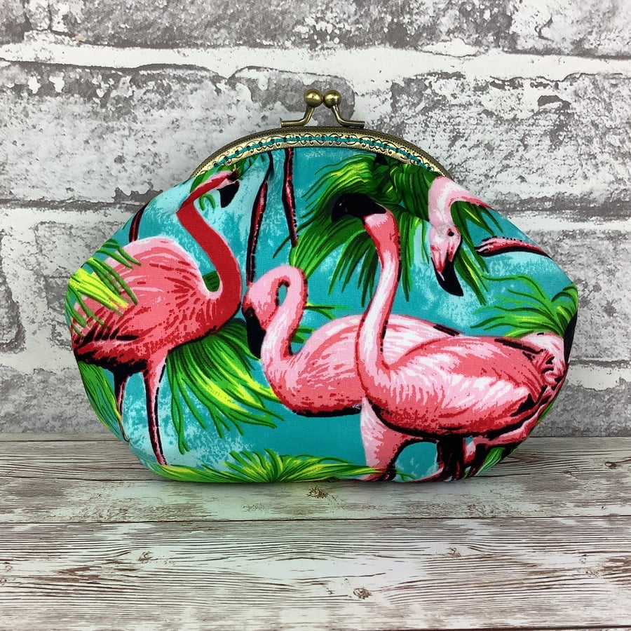Flamingos small fabric frame clutch makeup bag handbag purse 
