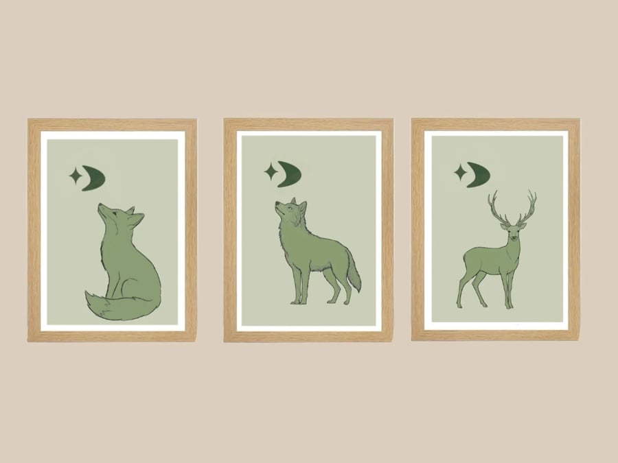 Whimsical Wildlife Prints, set of 3: Fox, Wolf and Deer