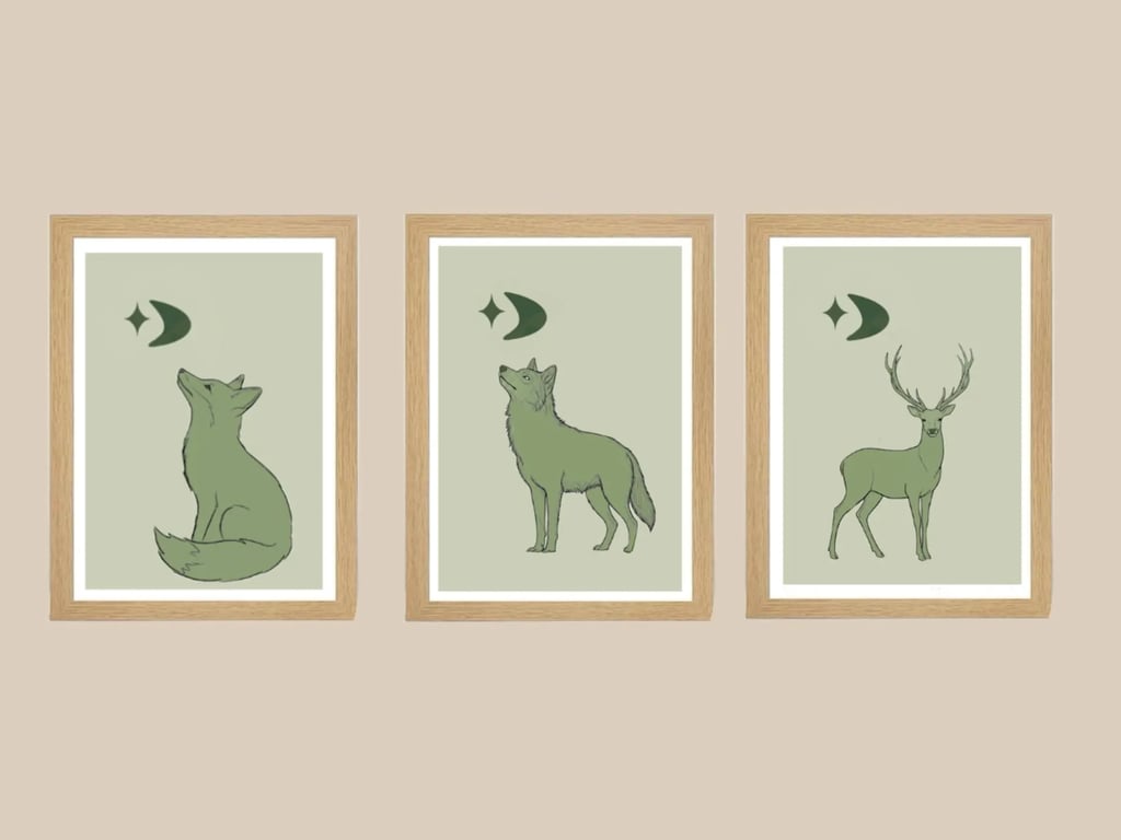 Whimsical Wildlife Prints, set of 3: Fox, Wolf and Deer
