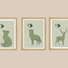 Whimsical Wildlife Prints, set of 3: Fox, Wolf and Deer