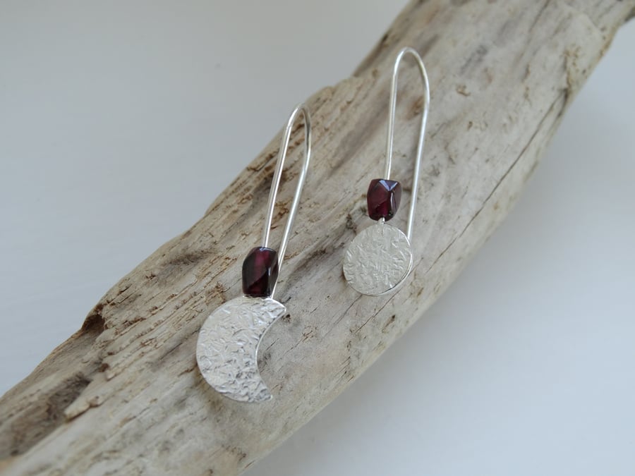 Eco Silver Full and Crescent Moon Garnet earrings