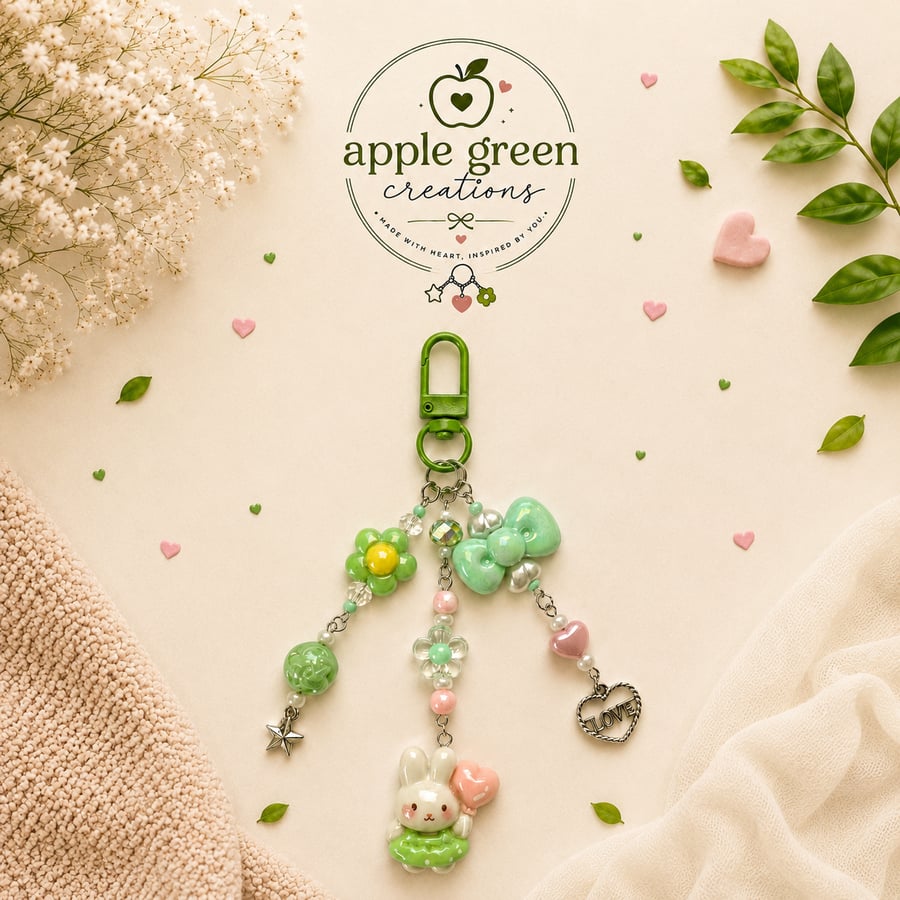 Green Beaded Bag Charm - Cute Pastel Keychain Accessory 