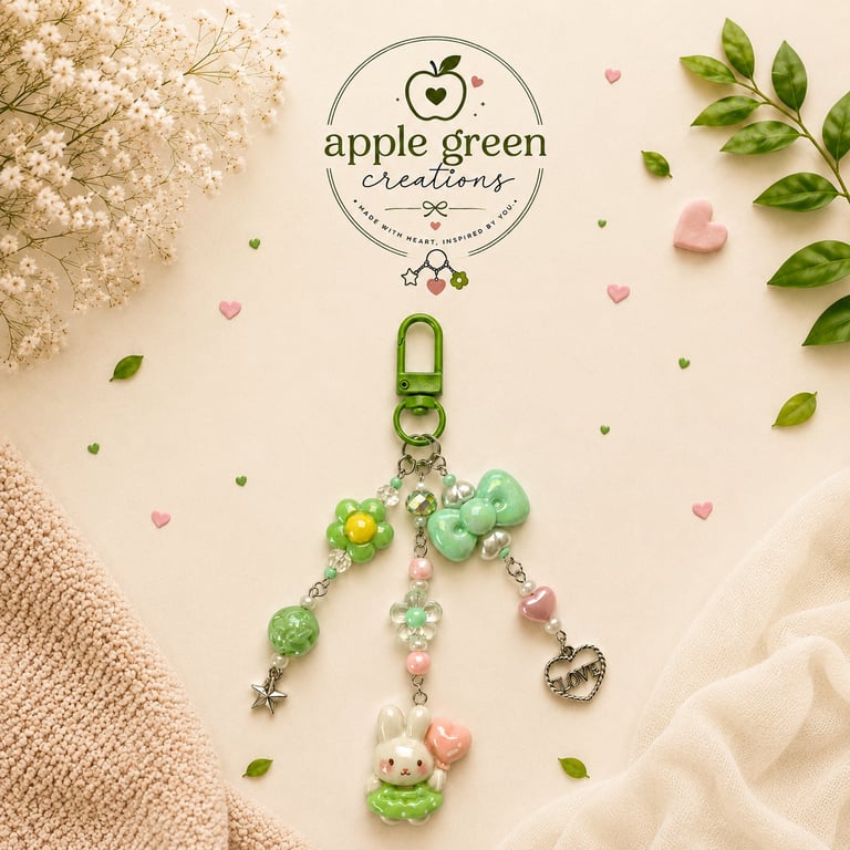 Green Beaded Bag Charm - Cute Pastel Keychain Accessory 
