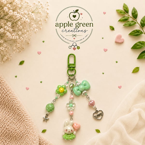Green Beaded Bag Charm - Cute Pastel Keychain Accessory 