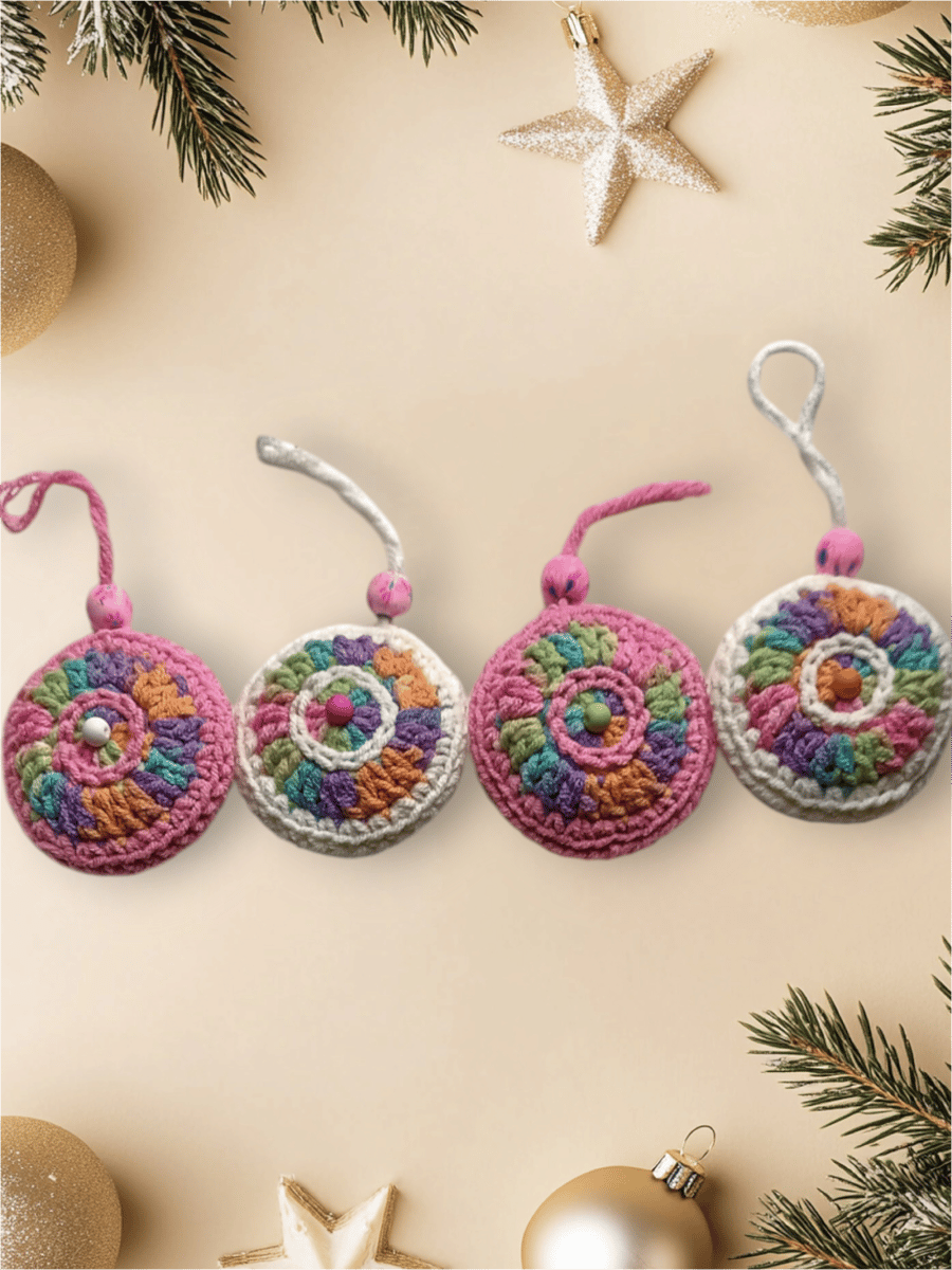 Handmade crochet retro pastel Christmas tree decorations 