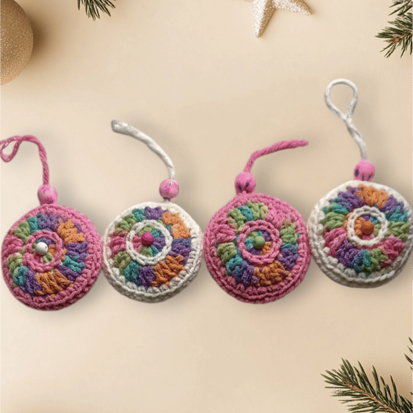 Handmade crochet retro pastel Christmas tree decorations 