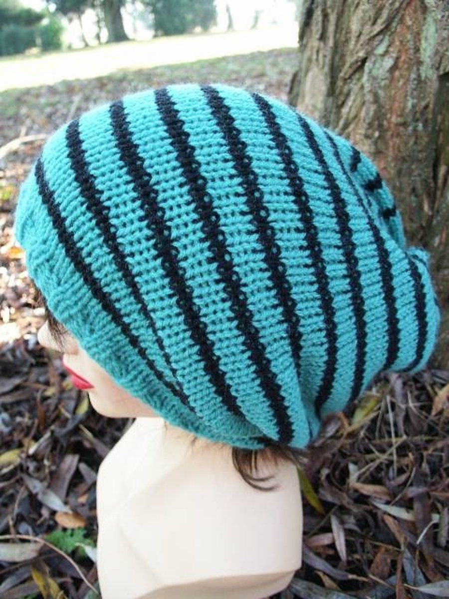 Slouch Hat Knit, Beanie Hat, Unisex, Jade and Black Dreads, Tam Hat