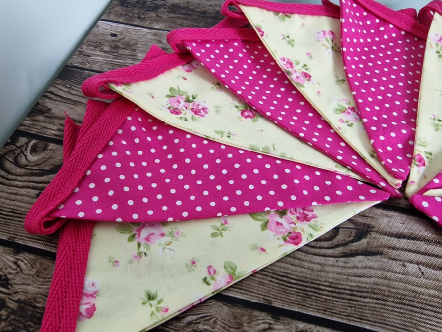 Vintage Style Lemon & Pink Floral Spotted Double Sided Handmade Fabric Bunting