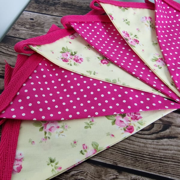 Vintage Style Lemon & Pink Floral Spotted Double Sided Handmade Fabric Bunting