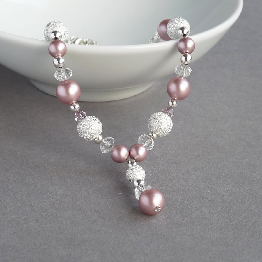Dusky Pink Stardust Y Necklace - Powder Rose Pearl Bridesmaid Jewellery