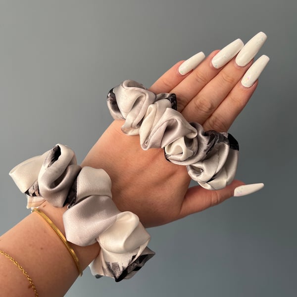 1 100% pure silk scrunchie. Bespoke digitally printed design