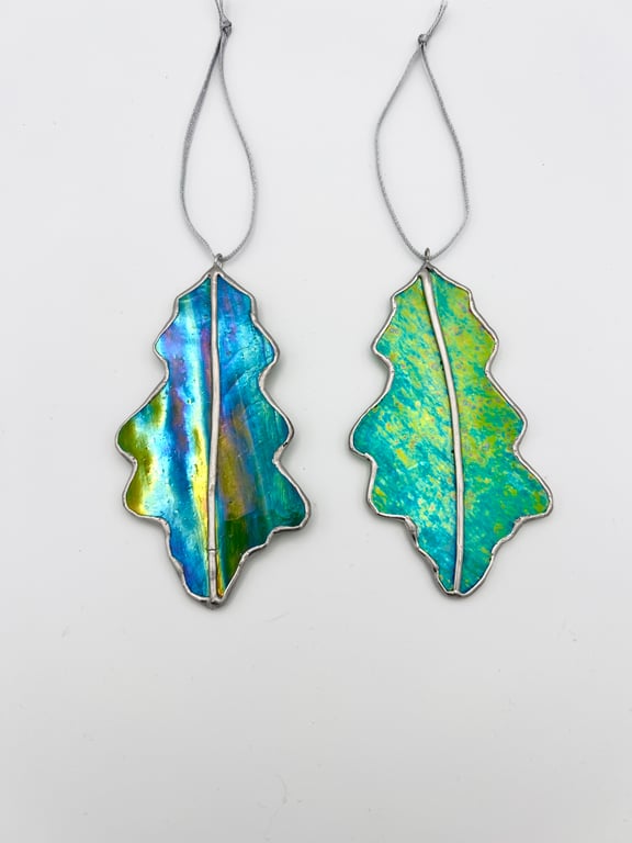 A single stained glass oak leaf - summer woodland heirloom decoration