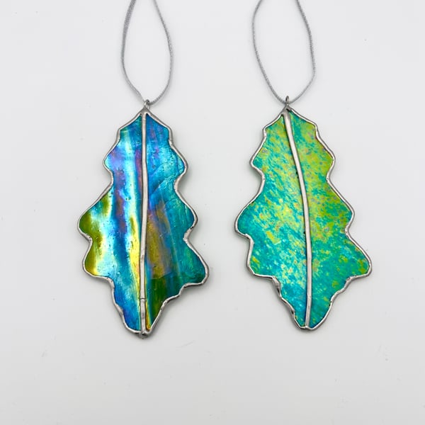 A single stained glass oak leaf - summer woodland heirloom decoration