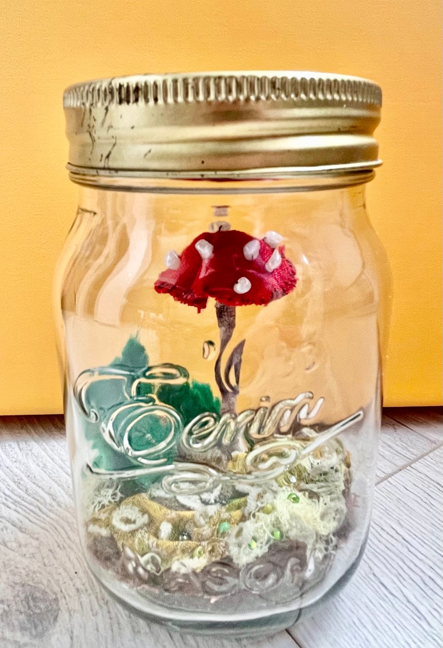 Rustic mushroom woodland,3 dimensional textile art piece in a recycled glass jar