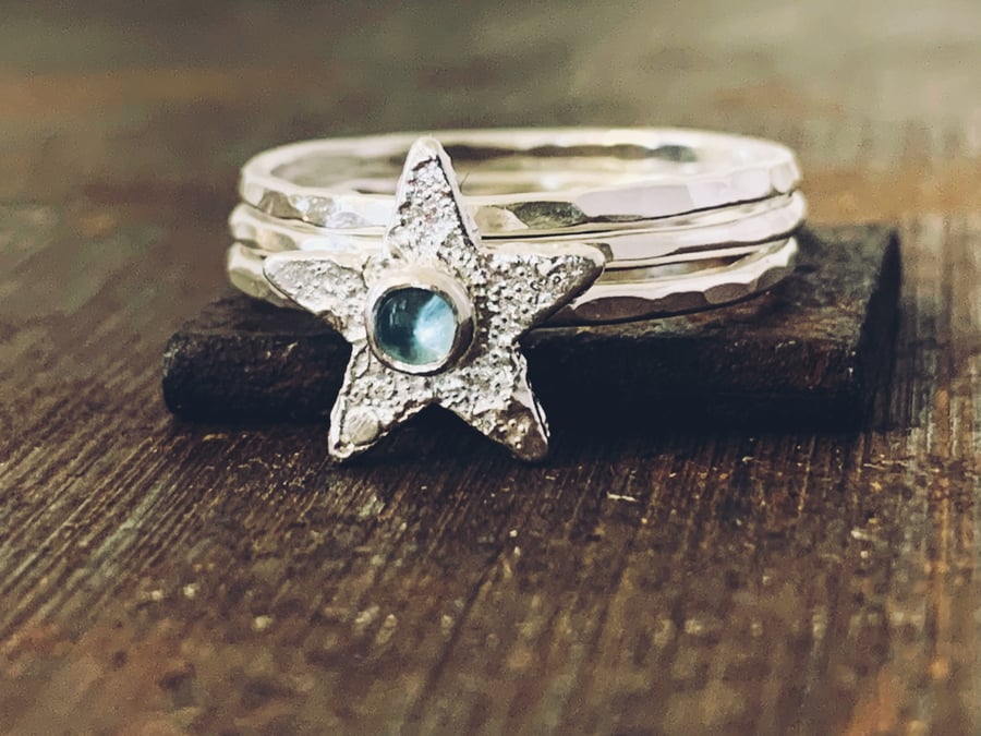 Recycled Sterling Silver Star Topaz Skinny rings