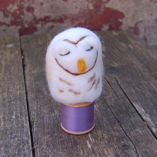 Wool sleepy owl, 10 cms tall,  Needlefelted.  Textile art