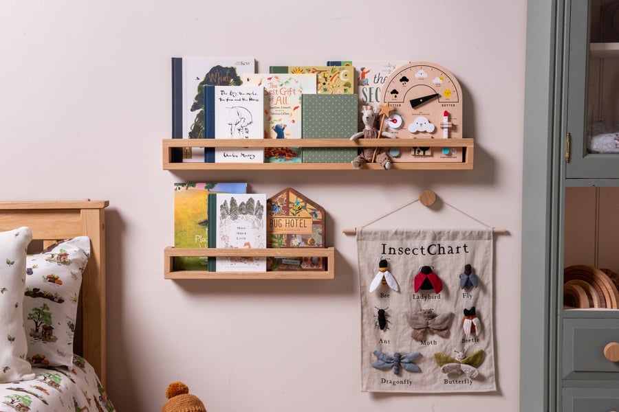 Oak kids Bookshelf with Rail, Children's Book Storage Shelf, Kids Playroom