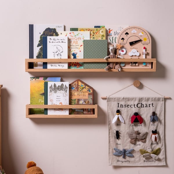 Oak kids Bookshelf with Rail, Children's Book Storage Shelf, Kids Playroom
