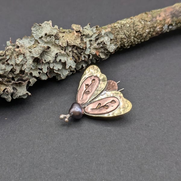 Handmade Brass and Bronze Moth Brooch with Freshwater Pearl