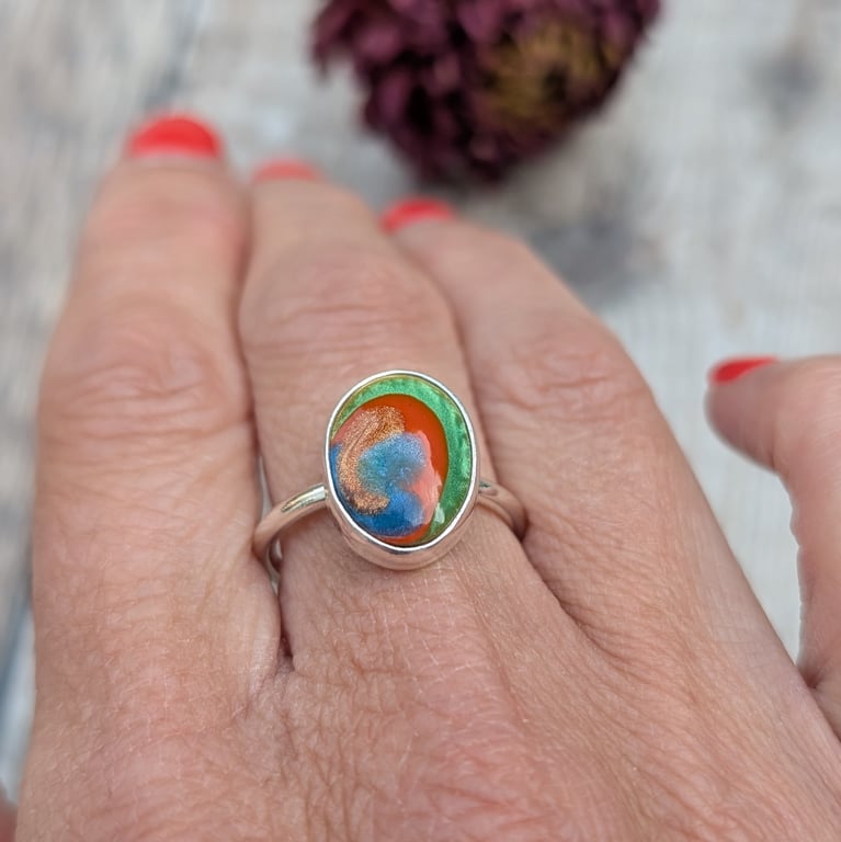 Sterling Silver Colourful Oval Surfite Ring – UK Size R - JBJ9018