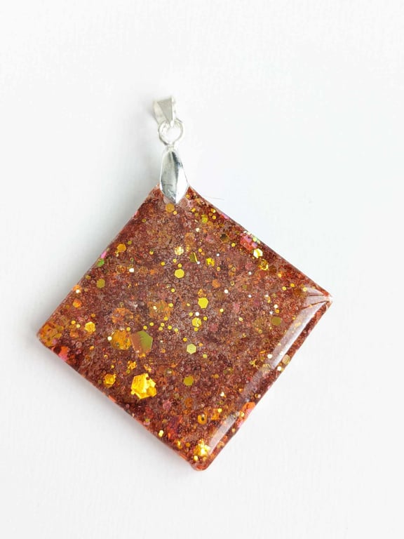 Diamond Shape Resin Pendant With Copper Coloured Glitter