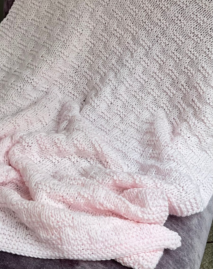 Pastel Pink Baby Blanket Knitted in a Basket Weave Pattern 
