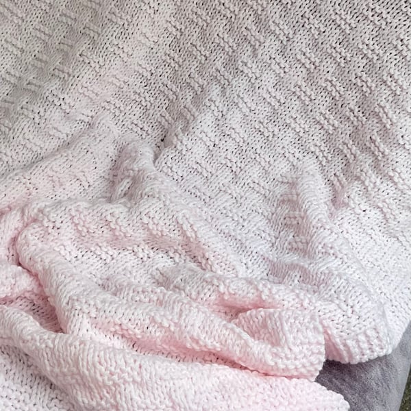 Pastel Pink Baby Blanket Knitted in a Basket Weave Pattern 