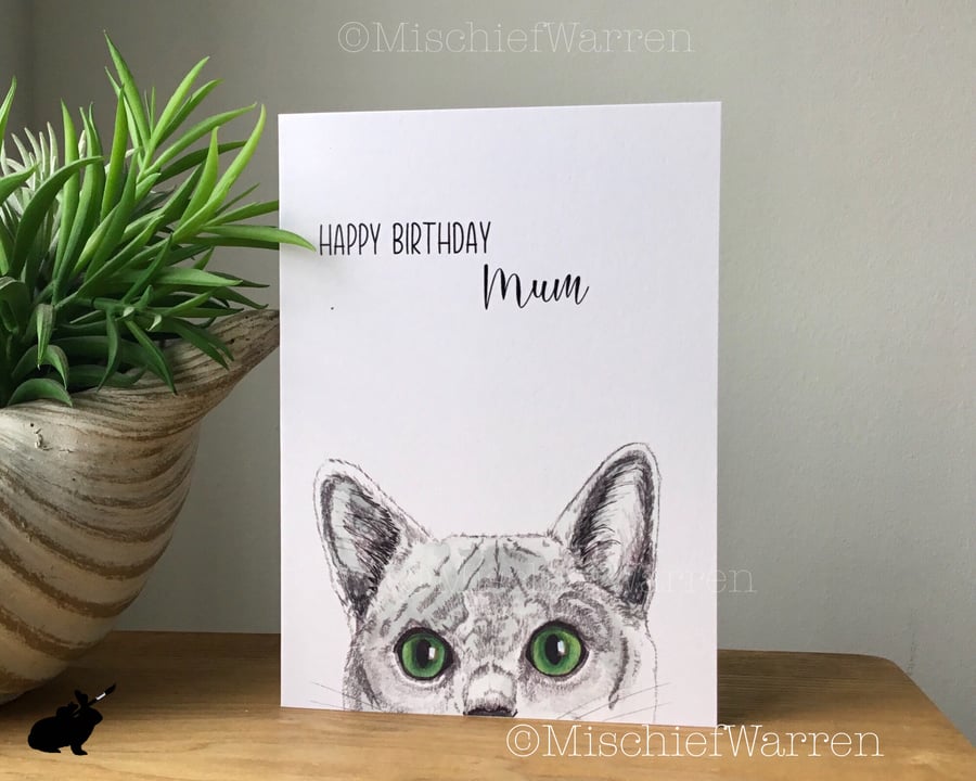 Silver Grey Cat Art Card - Personalised birthday card
