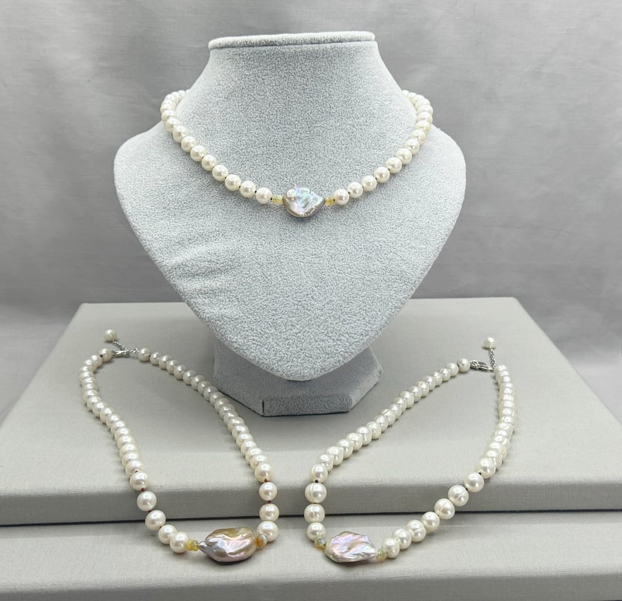 Ivory Pearl Necklace with Nucleated Pearl Pendant with Opals 
