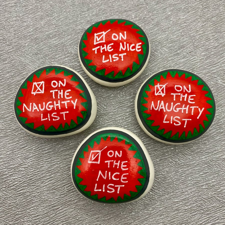 Naughty or Nice, hand painted ceramic pebble