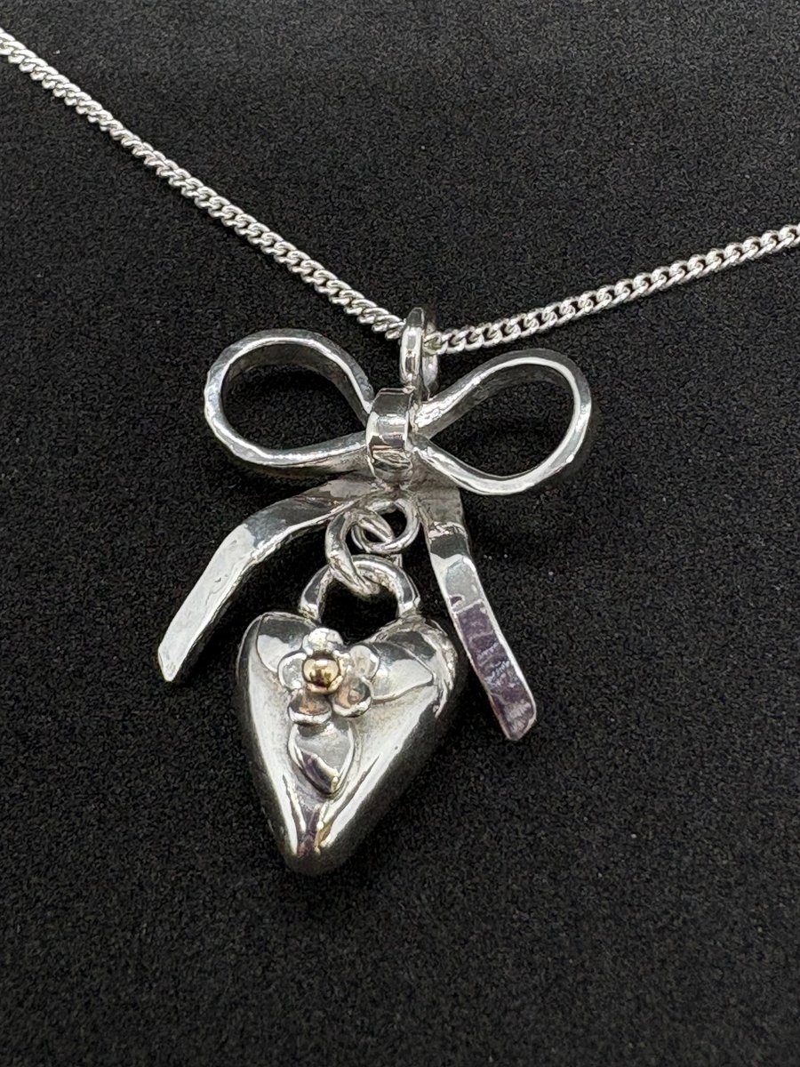 Silver heart pendant with bow, Bow necklace 