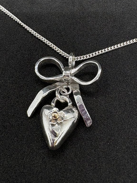 Silver heart pendant with bow, Bow necklace 