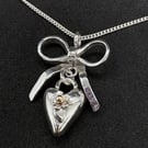 Silver heart pendant with bow, Bow necklace 