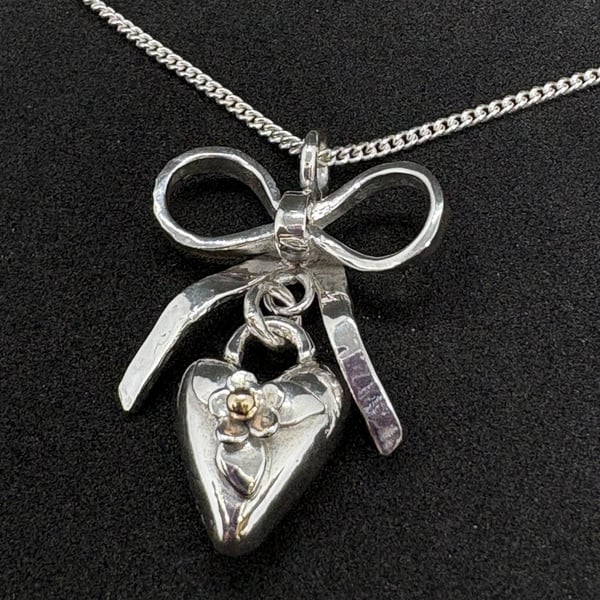Silver heart pendant with bow, Bow necklace 