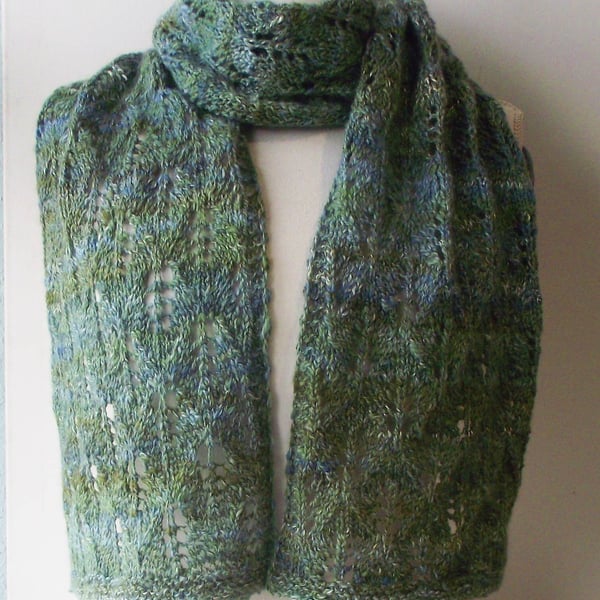 Lacy Scarf, Green & Blue Merino & Rose Fibre, Handspun Knitted 
