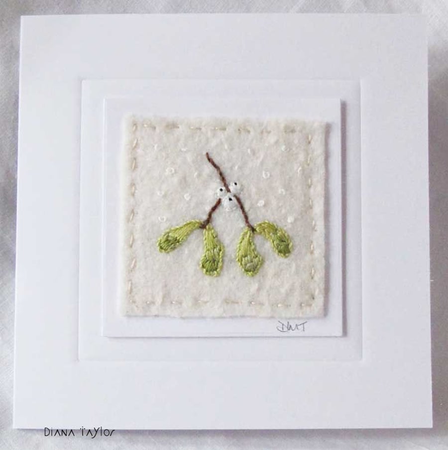 HAND EMBROIDERED MISTLETOE CARD WINTER CHRISTMAS 