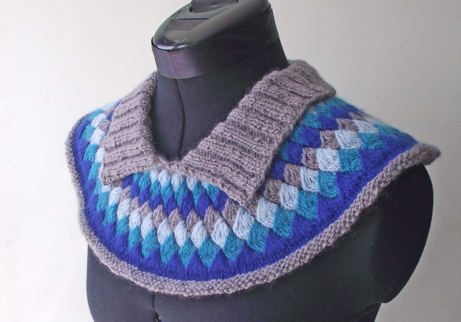 Knitted Collar, Cowl, Neckwarmer, Handspun Merino Wool, Grey, Blue,Turquoise
