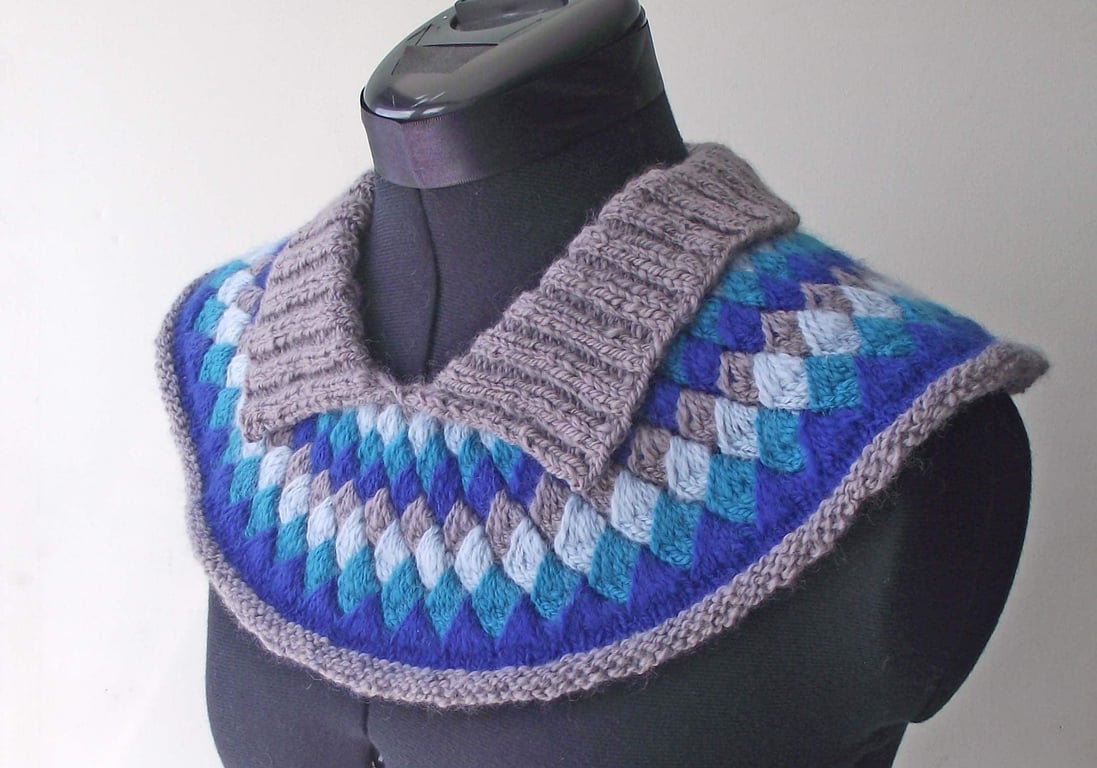 Knitted Collar, Cowl, Neckwarmer, Handspun Merino Wool, Grey, Blue,Turquoise
