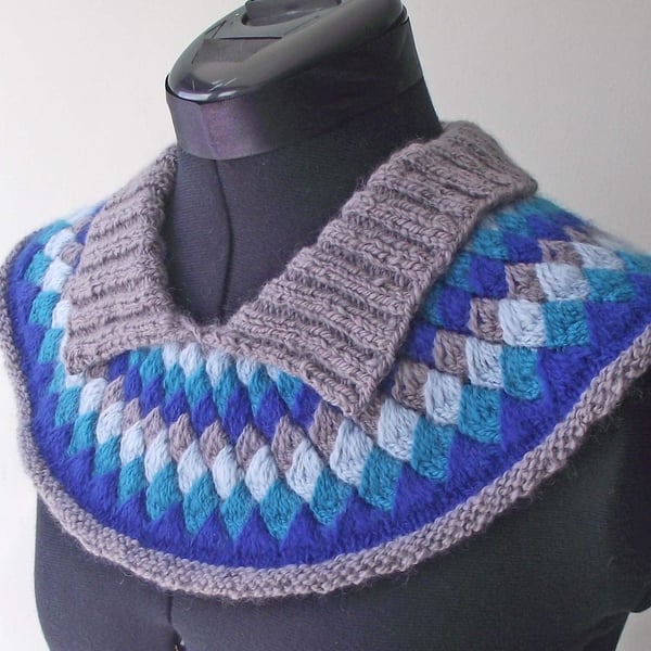 Knitted Collar, Cowl, Neckwarmer, Handspun Merino Wool, Grey, Blue,Turquoise