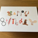 Wizard birthday card - wizarding objects- blank inside - 7x5 inches