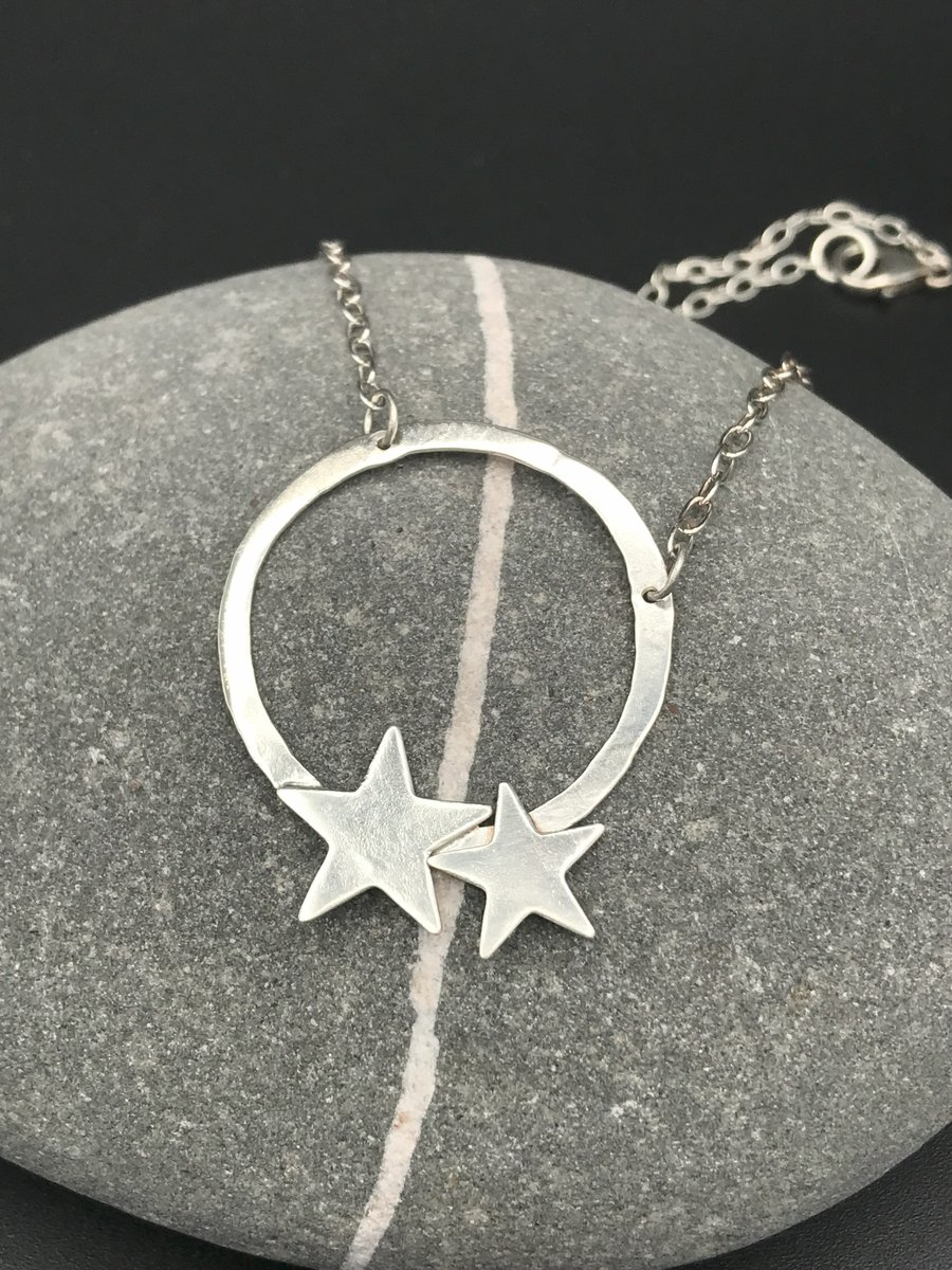 Organic Stars & hoop Necklace - Handmade - Sterling Silver