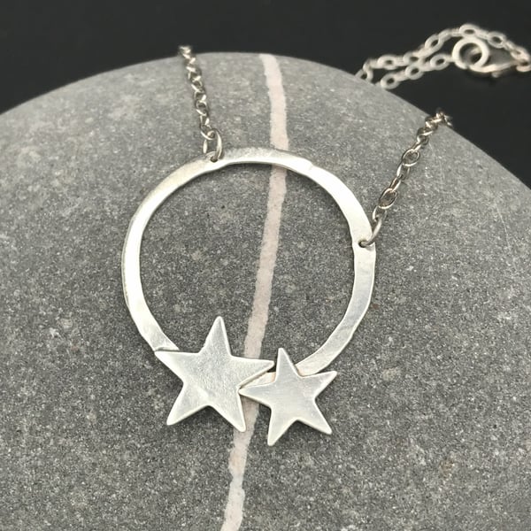 Organic Stars & hoop Necklace - Handmade - Sterling Silver