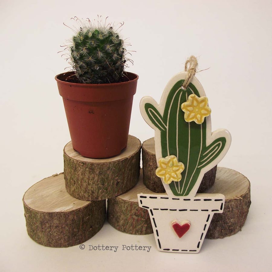 Pottery Cactus Ceramic hanging decoration. Illustrated Cactus pottery decoration