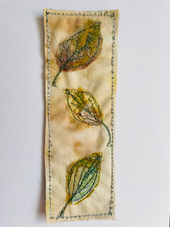 Textile embroidered bookmark, autumnal leaves