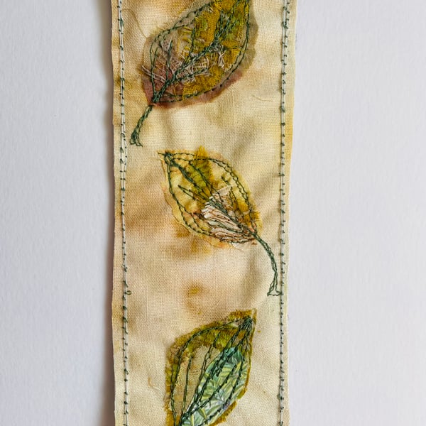 Textile embroidered bookmark, autumnal leaves