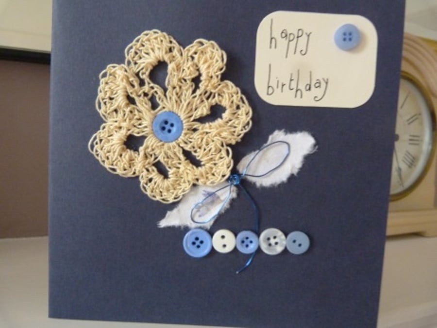Navy Crochet Flower Birthday Card