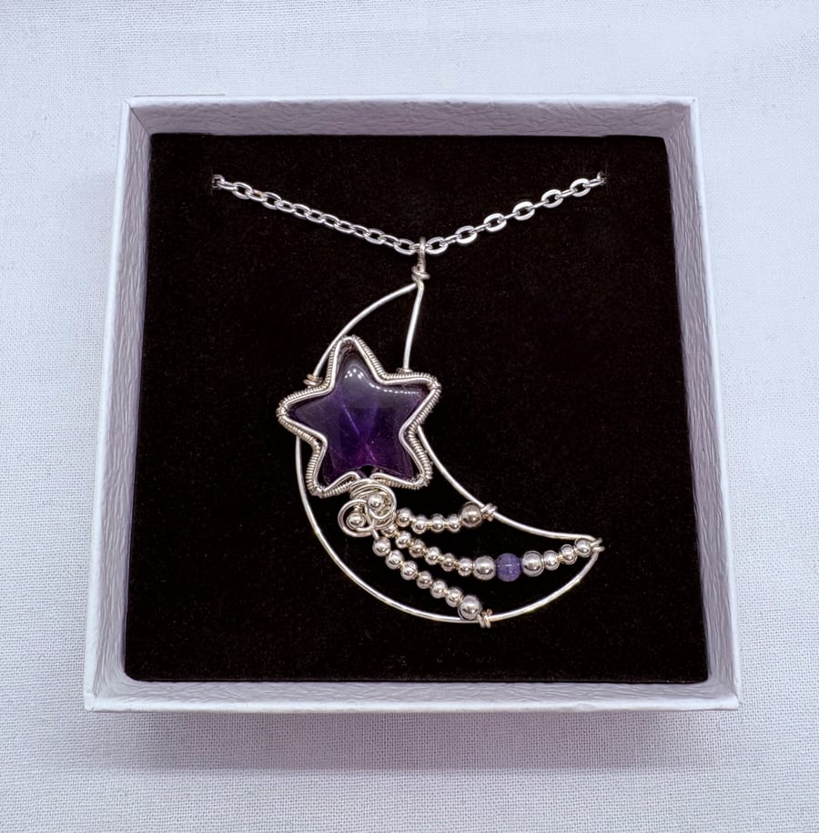 Silver and Amethyst crescent moon pendant
