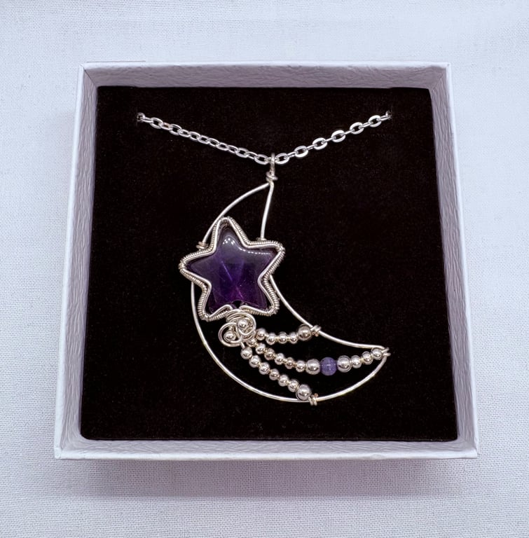 Silver and Amethyst crescent moon pendant