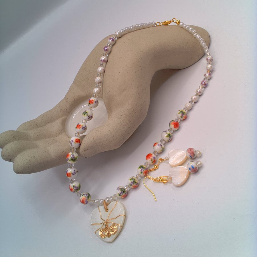 Ceramic Bead and Crystal Necklace with a Double Sided Heart Pendant and Earrings