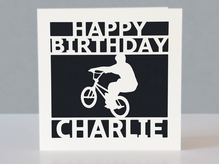 Personalised birthday card for a BMX fan - Papercut design